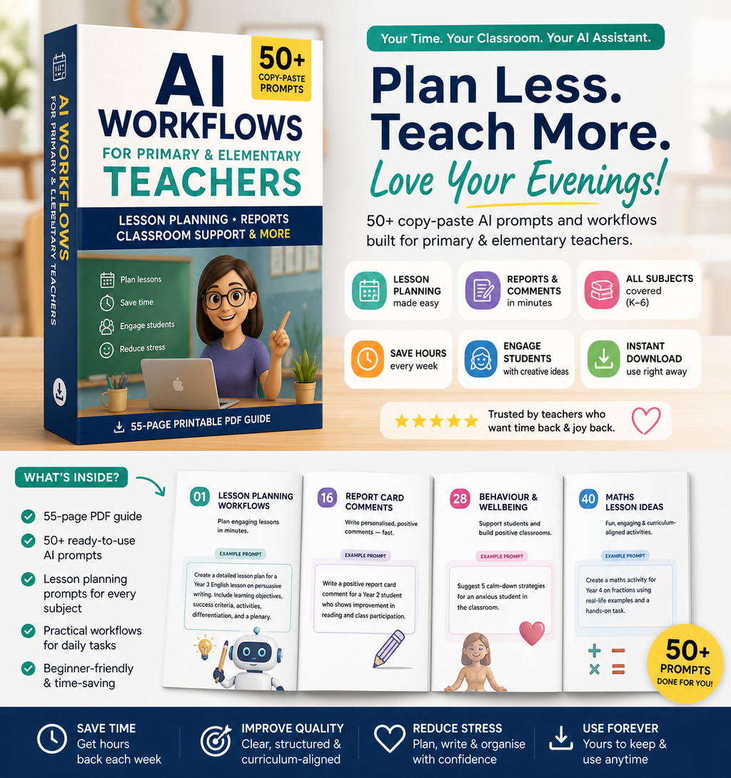AI Workflows for Primary and Elementary Teachers - 50+ Copy-Paste AI Prompts for Lesson Planning